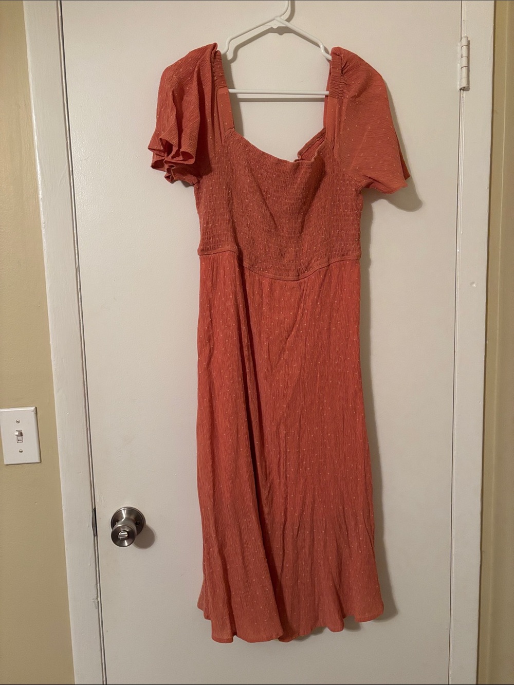 Ott Smocked Top Prairie Dress Square-Neck Midi Dress in Melon with Puff Sleeves
